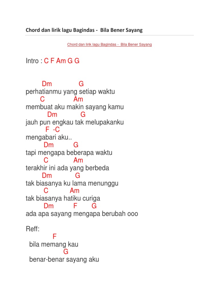 Chord Dan Lirik Lagu Bagindas Bila Bener Sayang