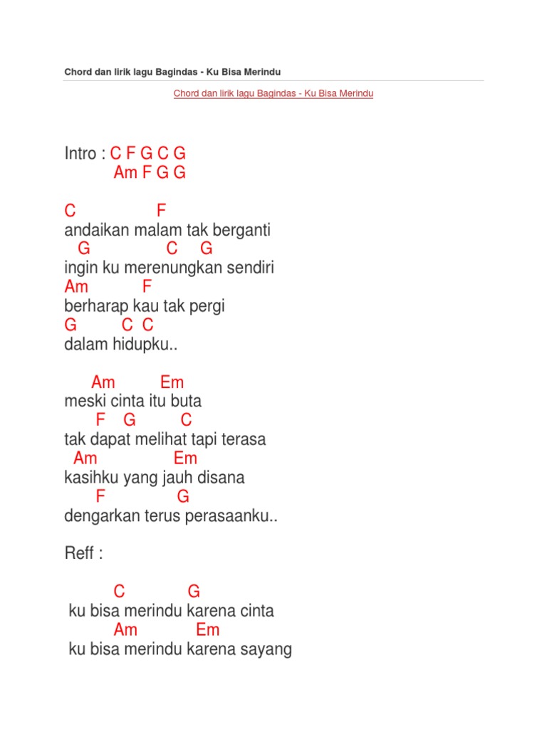 Chord Dan Lirik Lagu Bagindas Ku Bisa Merindu