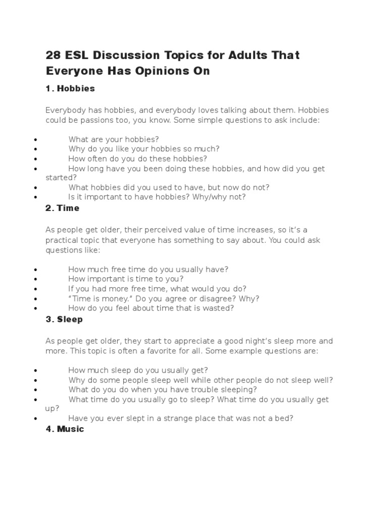 28 Engaging ESL Discussion Topics | PDF | Sports | Beauty