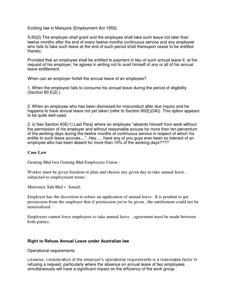 Case Law Right To Refuse Annual Leave Under Australian Law Annual Leave Parental Leave