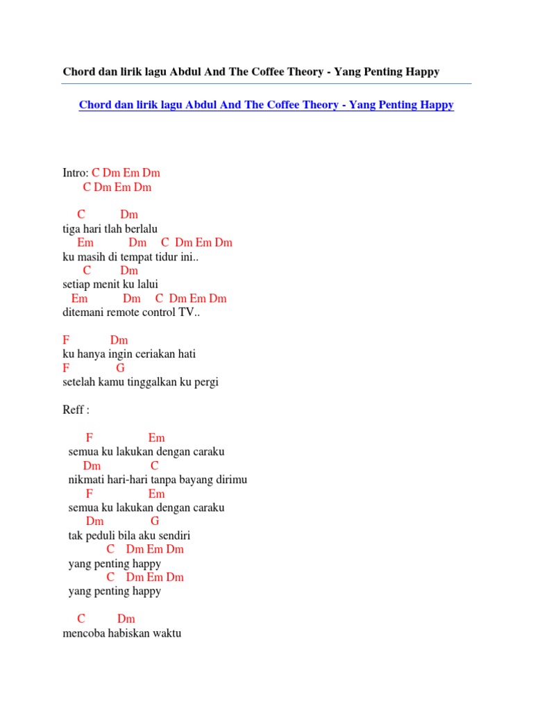 Chord Dan Lirik Lagu Abdul And The Coffee Theory Yang Penting Happy Pdf