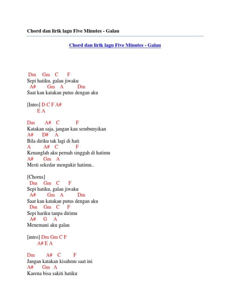 Chord Dan Lirik Lagu Five Minutes Galau