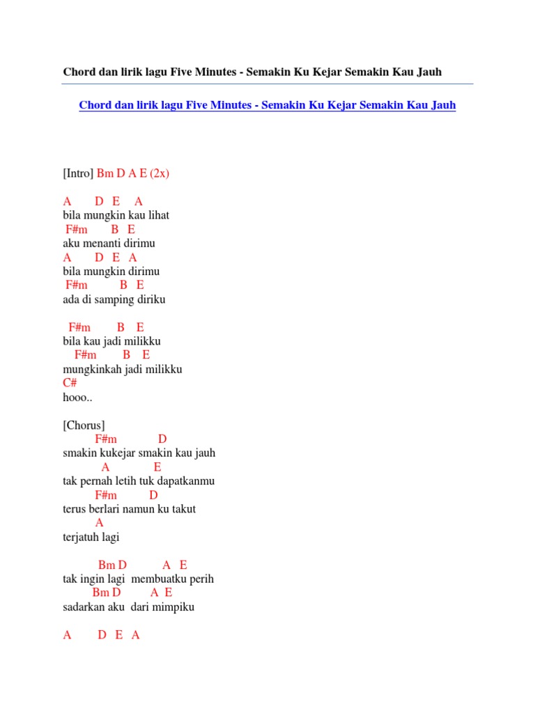 Chord Dan Lirik Lagu Five Minutes Semakin Ku Kejar Semakin Kau Jauh