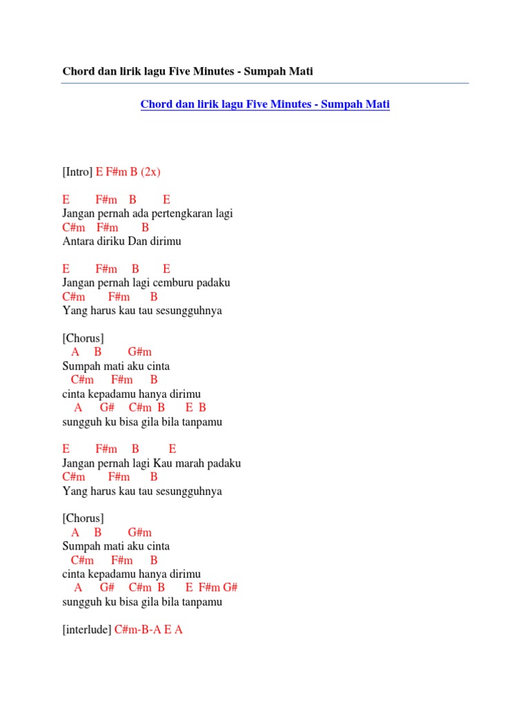 Chord Dan Lirik Lagu Five Minutes Sumpah Mati