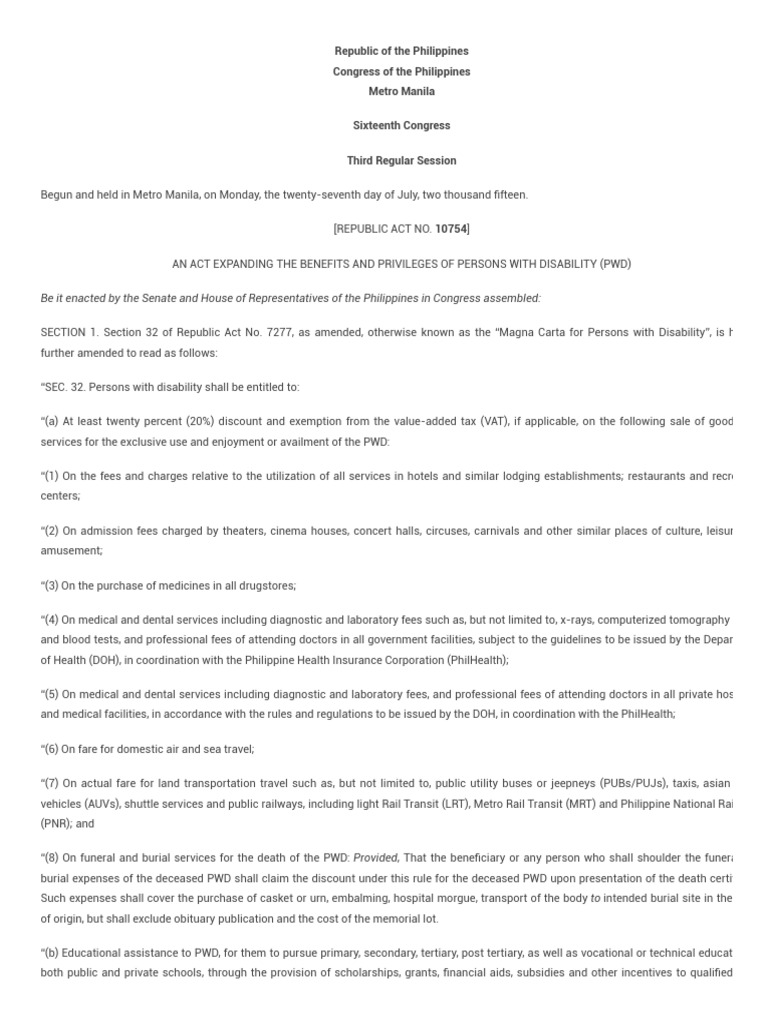 Ra 10754 - An Act Expanding The Benefits and Privileges of Persons With ...