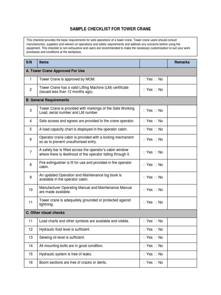 Tower Crane Safety Inspection Checklist | PDF | Crane (Machine ...