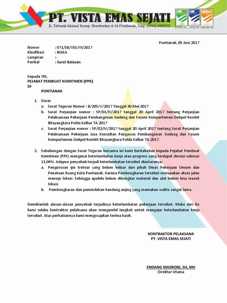 Contoh Surat Teguran Keterlambatan Pekerjaan Proyek 