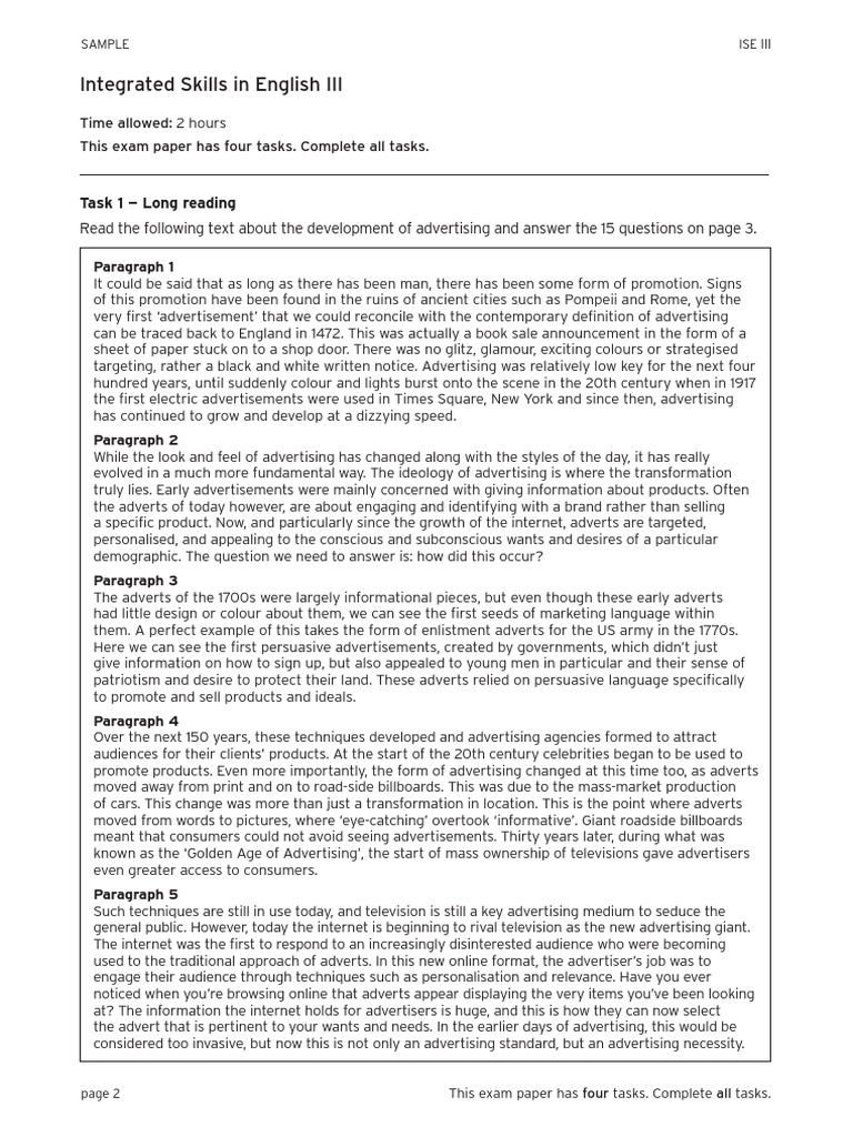 ISE III Sample Exam Paper 1 .2 3 | PDF | Advertising | Communication