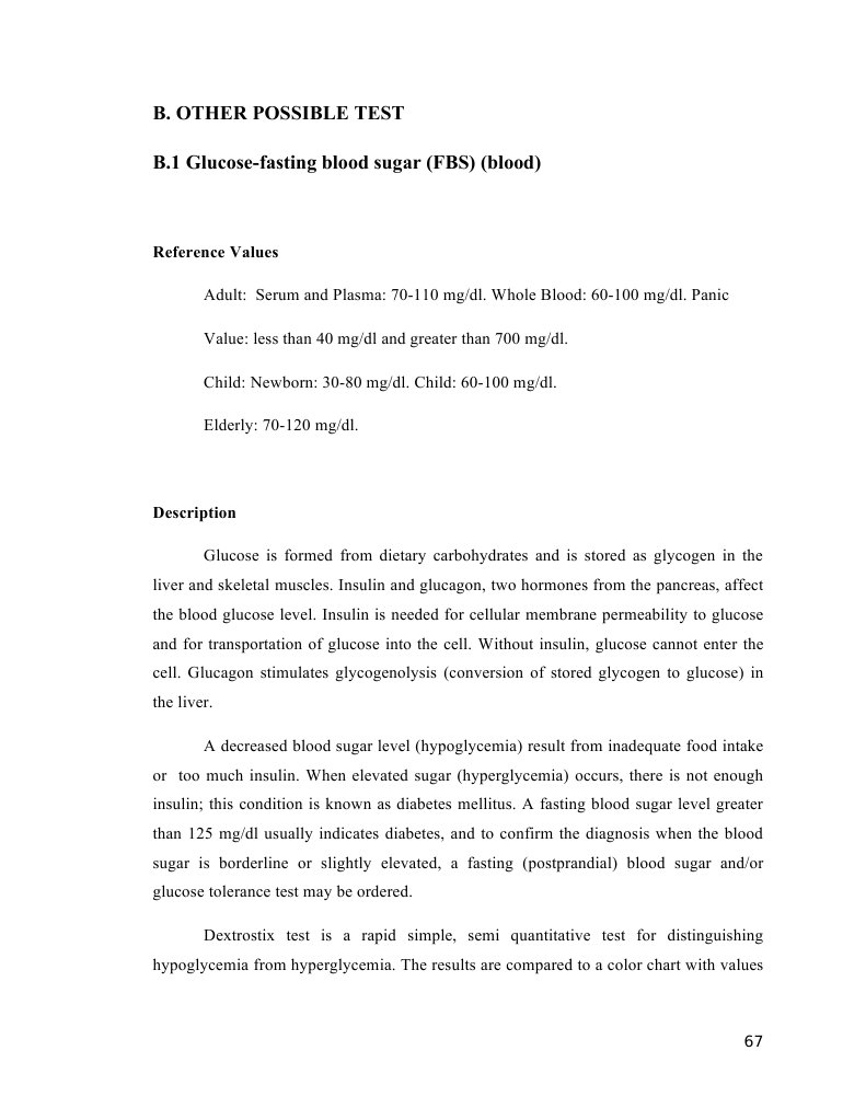 B. Other Possible Test B.1 Glucose-Fasting Blood Sugar (FBS) (Blood ...