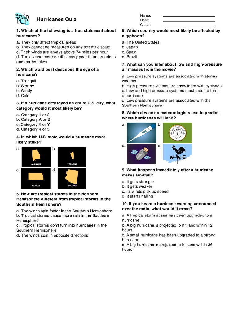 Hurricanes Quiz Pdf Tropical Cyclones Storms