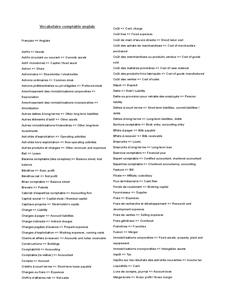 vocabulaire comptable anglais pdf capitaux propres comptabilite