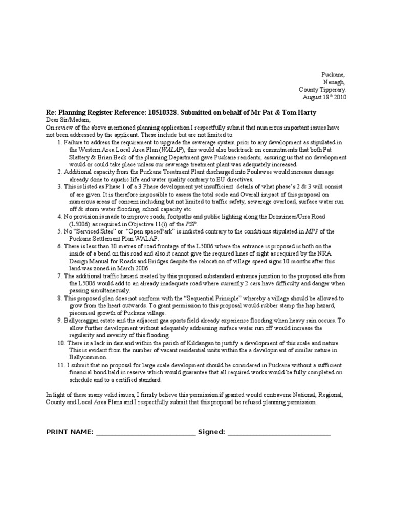 Sample Letter Of Objection To Planning Reference Number 10510328 Pdf Sanitary Sewer Stormwater