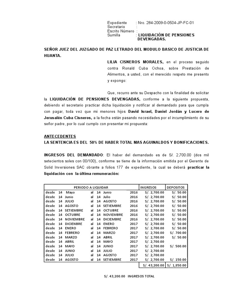MODELO DE Propuesta de Liquidacion PENSION DE ALIMENTOS
