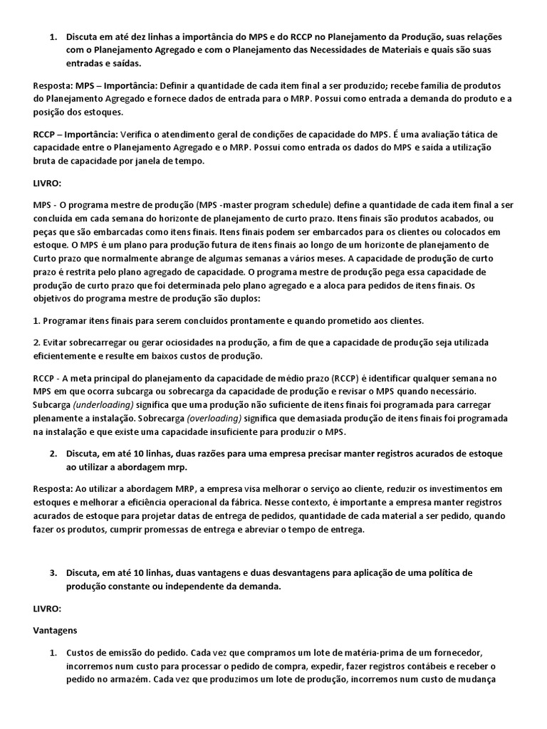 Importância do MPS e RCCP na Produção | PDF | Demanda | Planejamento de ...