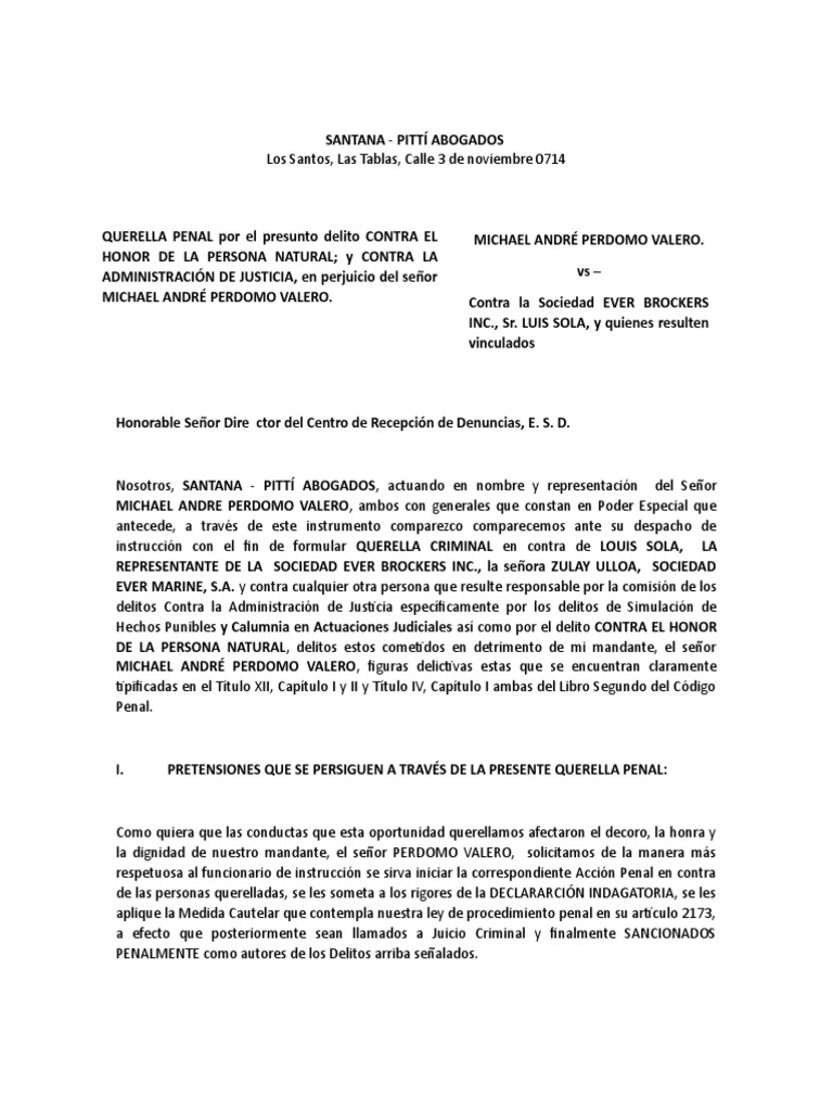 Querella Por Calumnia e Injuria | PDF | Caso de ley | Delito