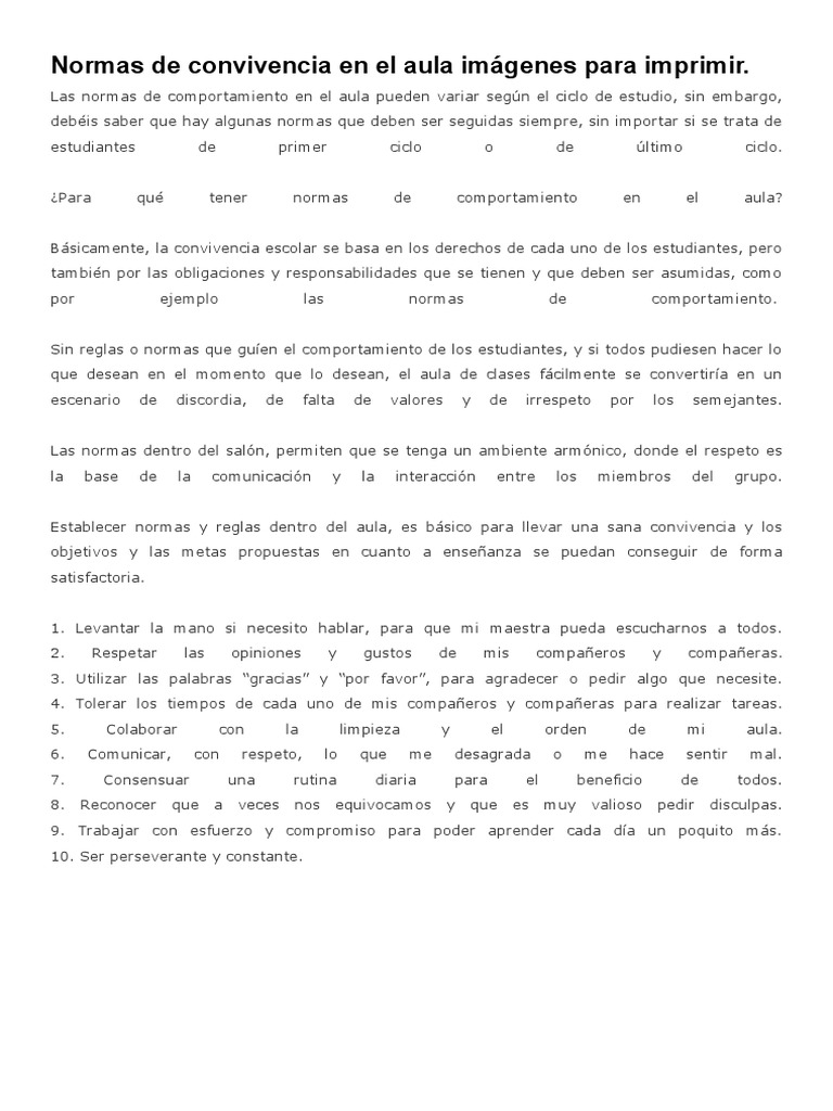 Normas de convivencia escolar para imprimir | PDF | Salón de clases ...