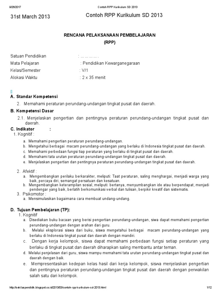 Contoh RPP Kurikulum 2013 SD | PDF