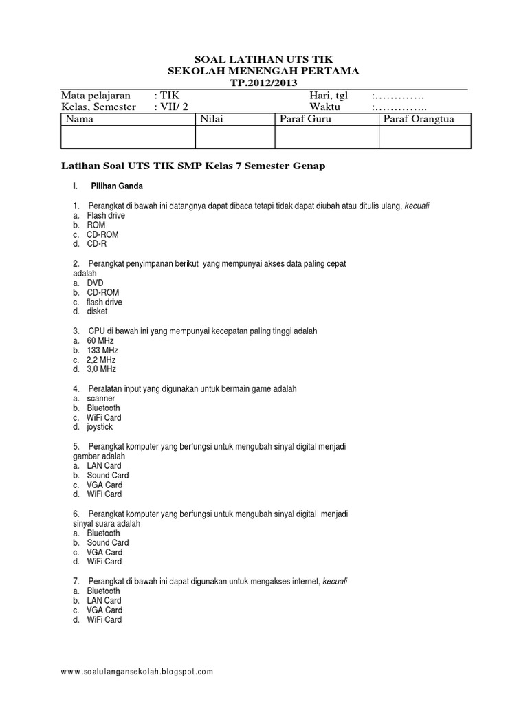 Latihan Soal Uts Tik Smp Kelas 7 Semester Genap Pdf