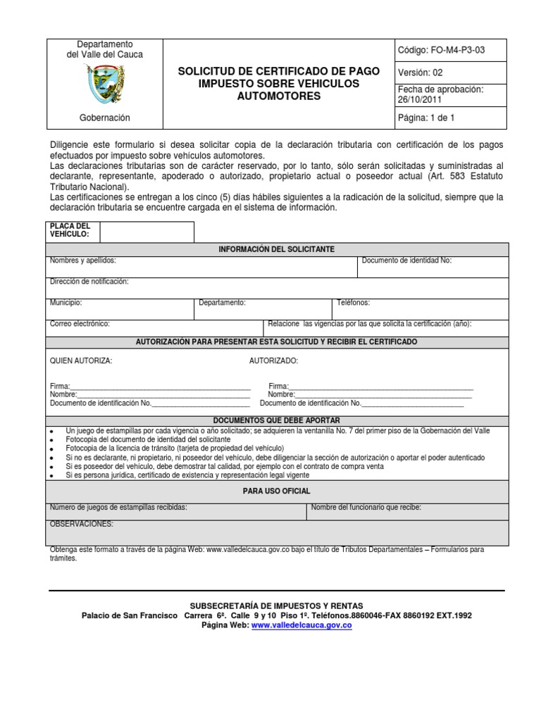 Solicitud Certificado de Pago Impuesto Vehiculos V2 PDF Impuestos