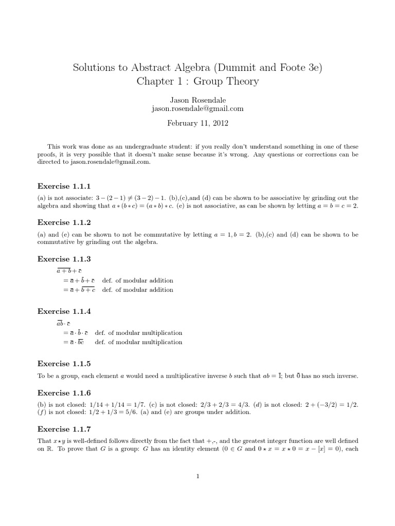 Solutions To Abstract Algebra Chapter 1 Dummit And Foote 3e Pdf Pdf Group Mathematics Integer