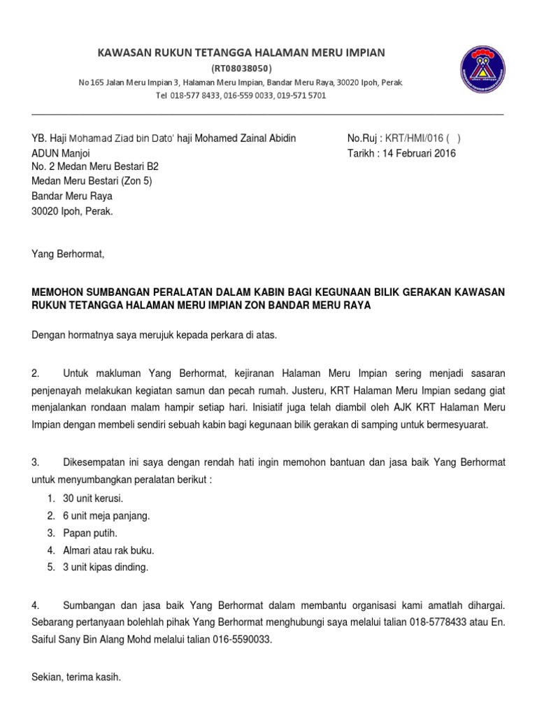 Contoh Surat Rasmi Mohon Kerusi Meja Sekolah