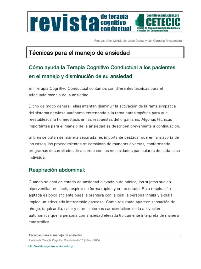 Tecnicas para El Manejo de Ansiedad PDF | PDF | Ansiedad | Respiración