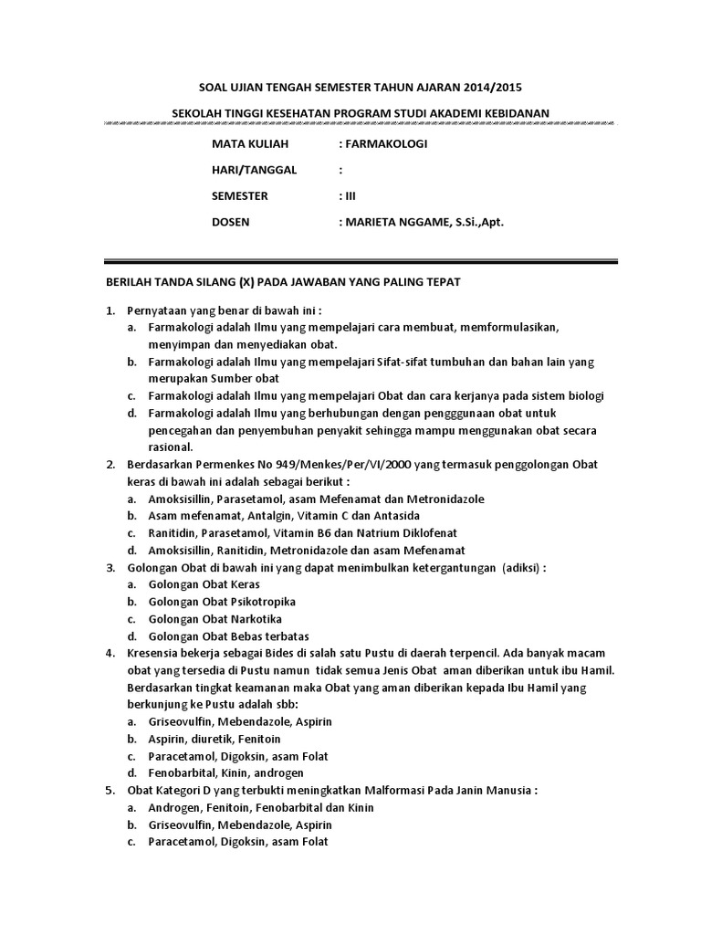 Soal Uts Farmakologi Kebidanan