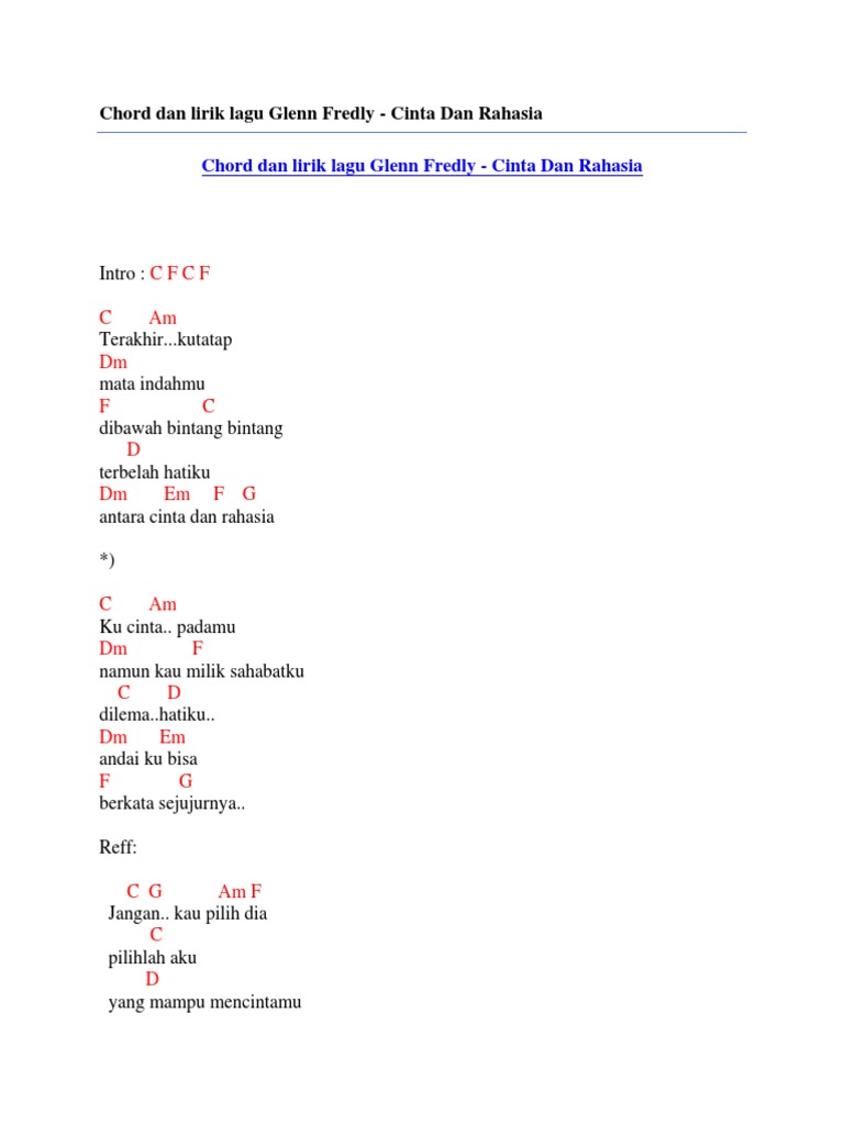 Chord Dan Lirik Lagu Glenn Fredly Cinta Dan Rahasia