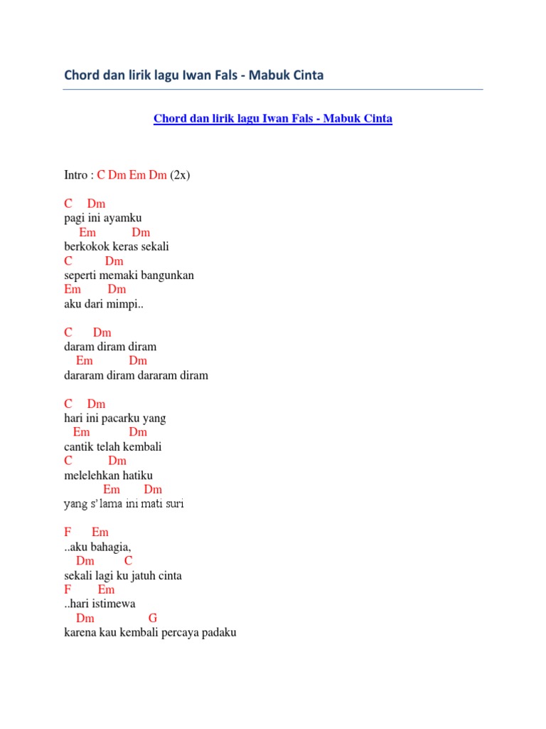 Chord Dan Lirik Lagu Iwan Fals - Mabuk Cinta | PDF