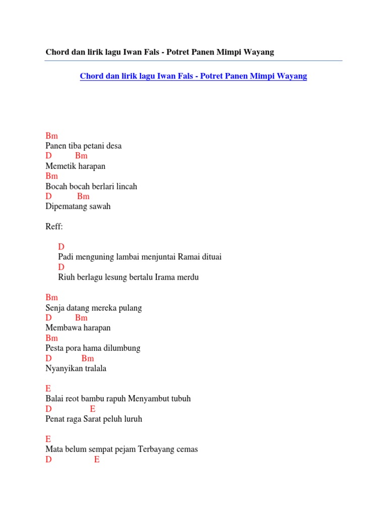 Chord Dan Lirik Lagu Iwan Fals Potret Panen Mimpi Wayang