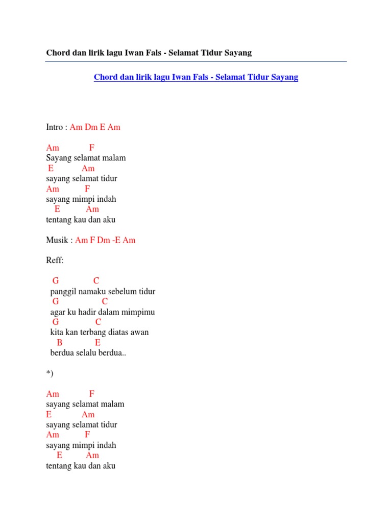 Chord Dan Lirik Lagu Iwan Fals Selamat Tidur Sayang