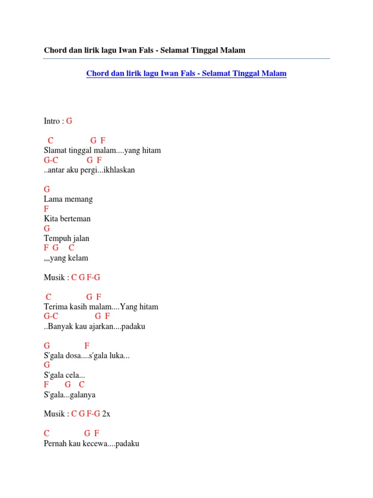 Chord Dan Lirik Lagu Iwan Fals Selamat Tinggal Malam Pdf