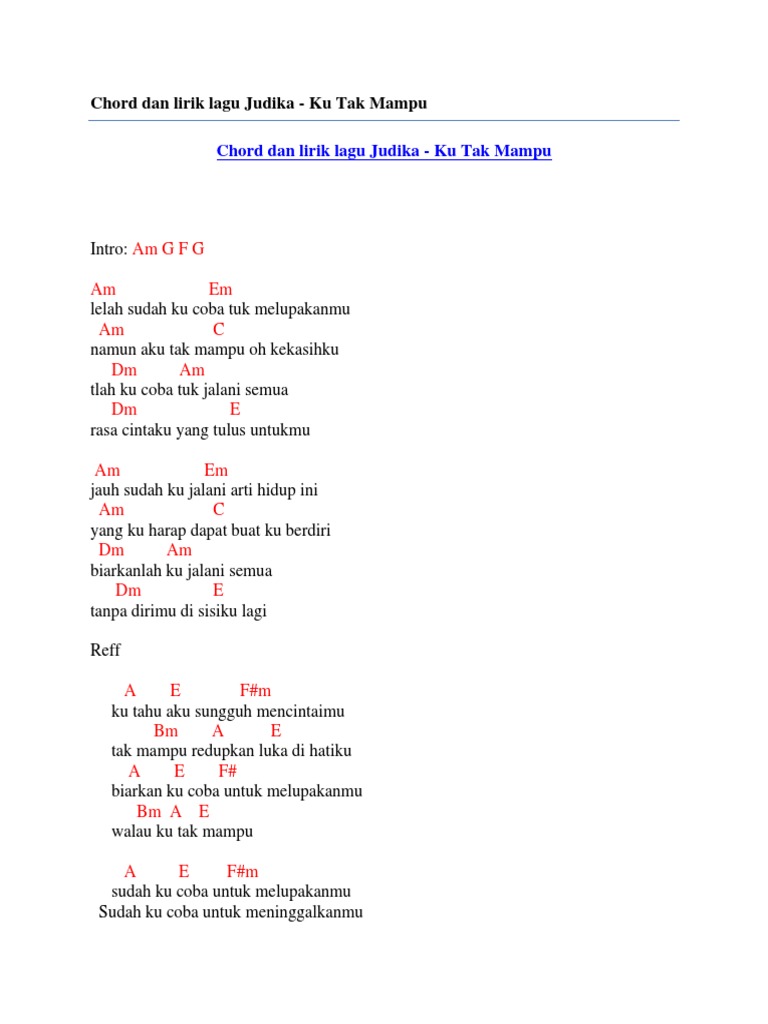 Chord Dan Lirik Lagu Judika Ku Tak Mampu