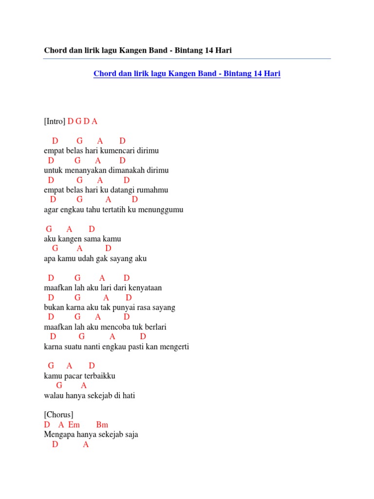 Chord Dan Lirik Lagu Kangen Band Bintang 14 Hari