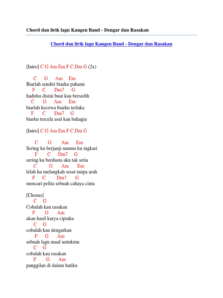 Chord Dan Lirik Lagu Kangen Band Dengar Dan Rasakan