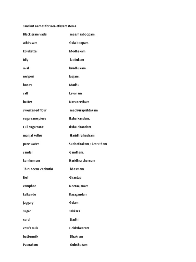 Sanskrit Names For Neivethyam Items PDF Asian Cuisine Regional