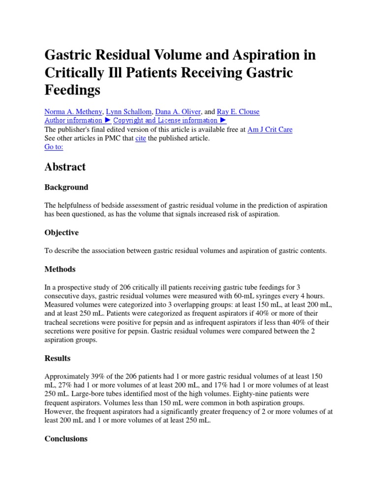 Gastric Residual Volume and Aspiration in Critically Ill Patients