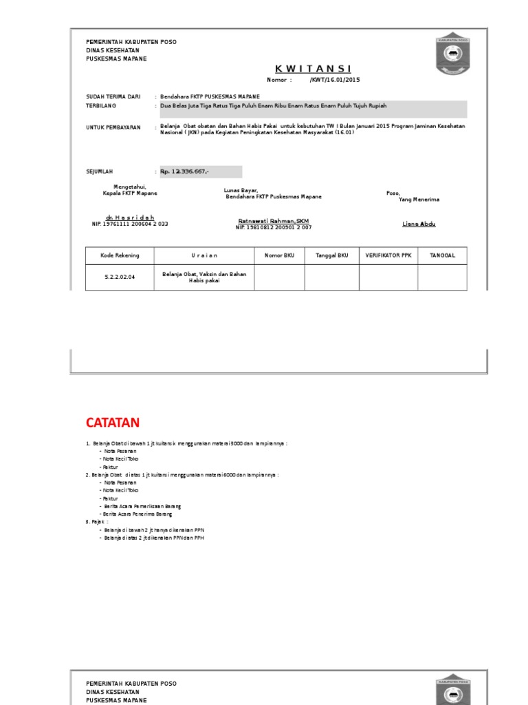 Kwitansi Pemerintah Kabupaten Poso Dinas Kesehatan