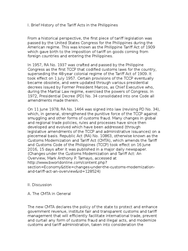 Customs Modernization and Tariff Act Customs Tariff