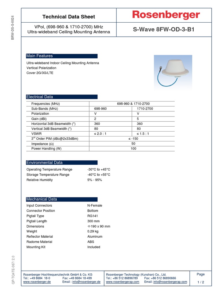 Technical Data Sheet: S-Wave 8FW-OD-3-B1 | PDF | Antenna (Radio ...