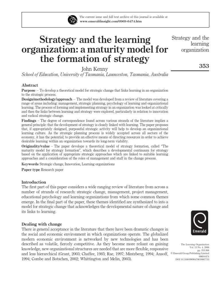 Strategy And The Learning Organization A Maturity Model For The