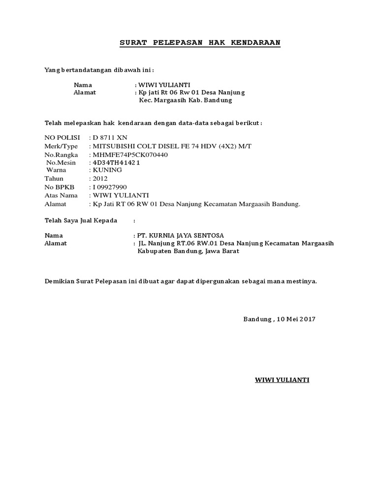 Surat Pelepasan Hak Kendaraan Perorangan