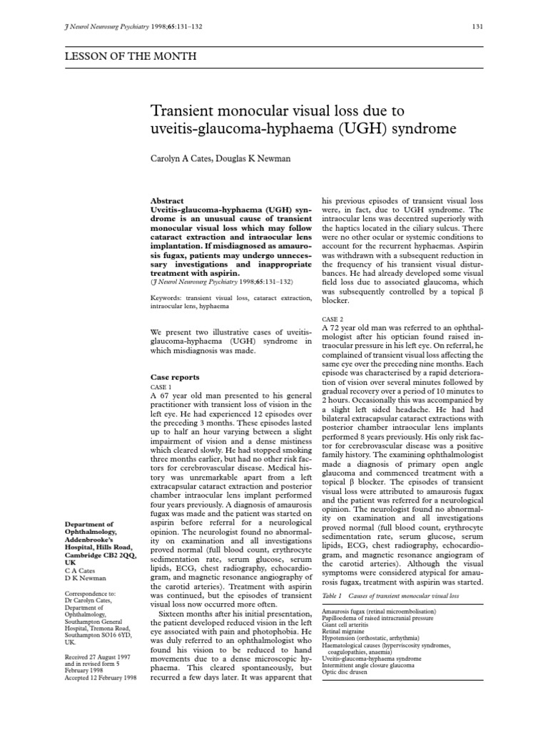 Transient Monocular Visual Loss Due to Uveitis Hyphaema Ugh