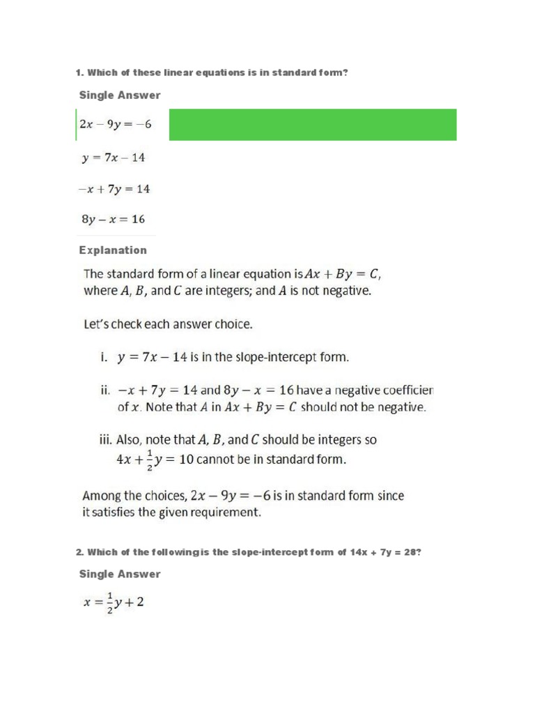 Single Answer: 1. Which of These Linear Equations Is in Standard Form ...