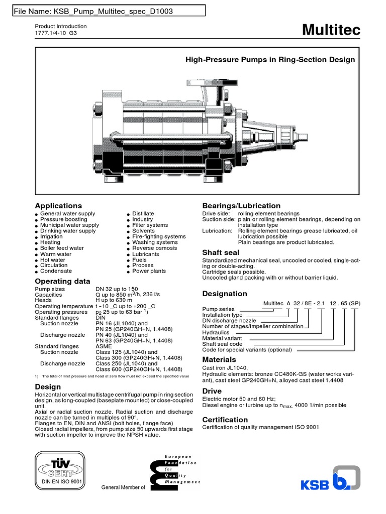 KSB Pump Multitec Spec Pump Chemical Engineering