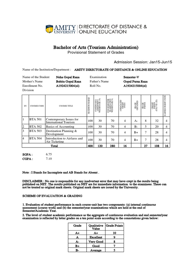 e Mark Sheet Grading (Education) Course Credit