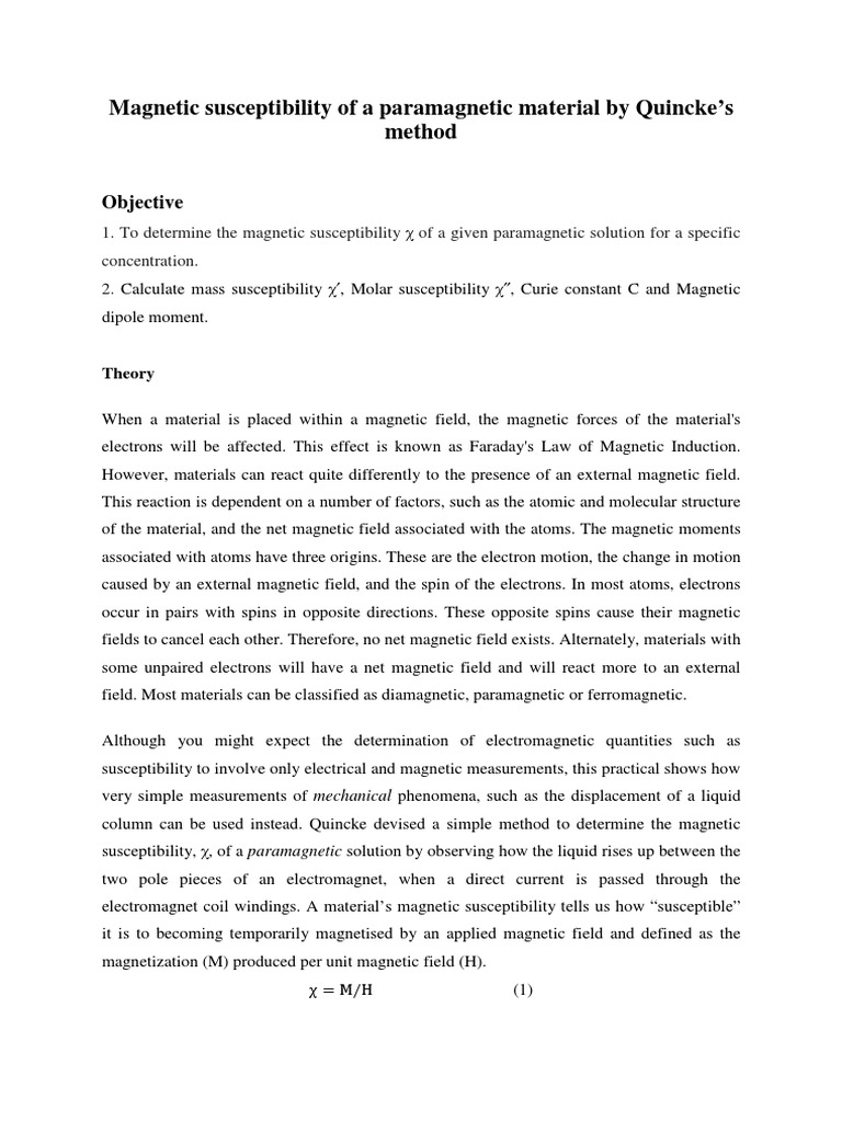 Susceptibility of A Material by Quincke's Method PDF Field