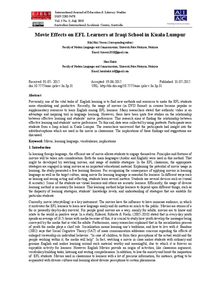 Movie Impact on EFL Learners in Iraq | PDF | English As A Second Or ...