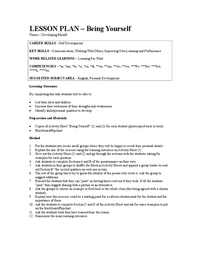 Lesson Plan: Being Yourself | PDF | Behavioural Sciences | Learning