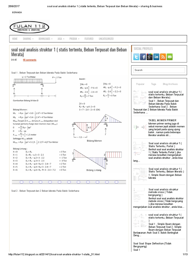 Soal Soal Analisis Struktur 1 Statis Tertentu Beban Terpusat Dan Beban Merata Sharing Business